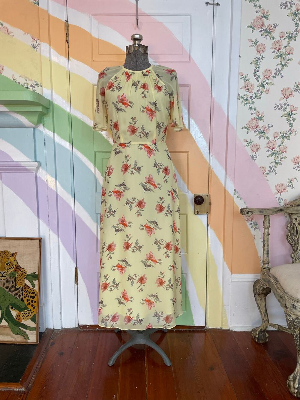 LK Bennett Elowen Floral Midi Dress US 2 UK 6 Yellow Coral Cape Sleeve
